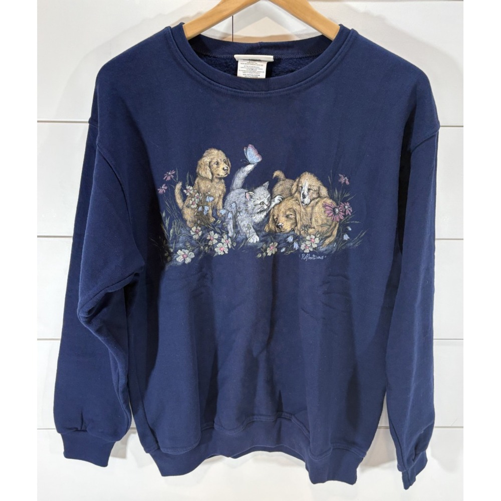 Vintage Northern Reflections Dog Kitten Navy Blue Sweatshirt Women's Size Medium